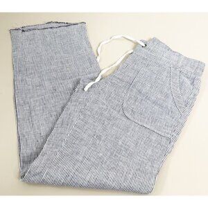Athleta 4P (Actual 26x28) Blue/White 100% Linen Pants Stripe Raw Hem Pull-On EUC